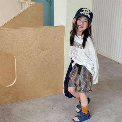 男女童點點寬條五分褲 (彩條/灰杏條)2