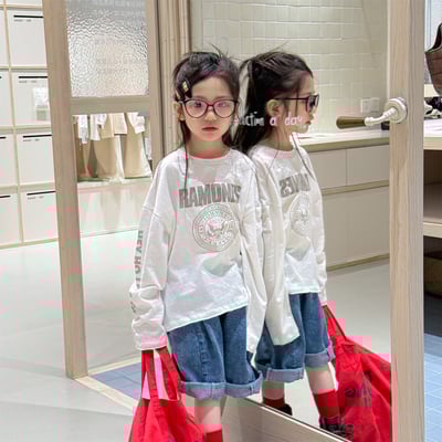 男女童RAMONES長t (米白/花灰)2