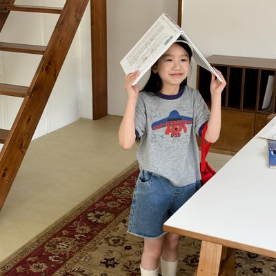 男女童大帽狗短T (米/黃/粉/花灰)2