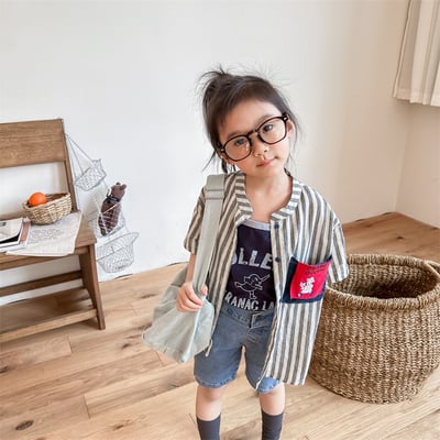 男女童中山領短袖襯衫 (藍/條紋)1