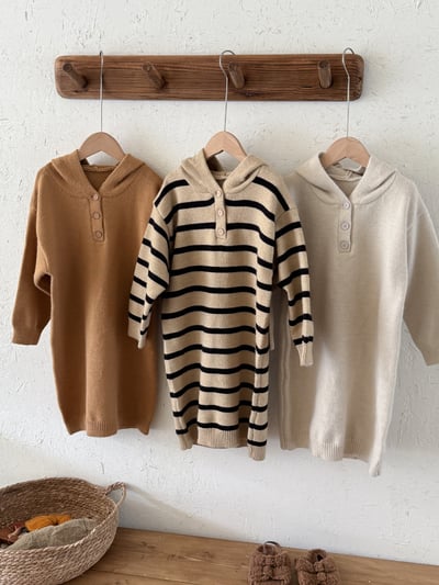 韓版連帽毛衣裙(奶橘/條紋/米白)3