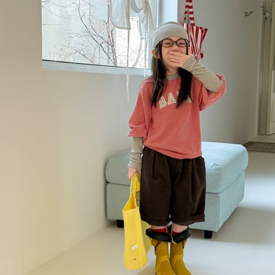 男女童長縮口造型長t (紅/灰)2