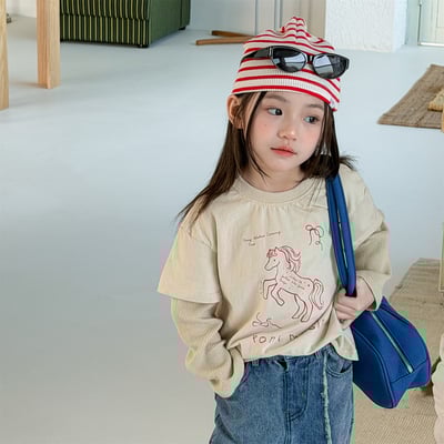 男女童獨角獸假兩件長t (杏/紅)2