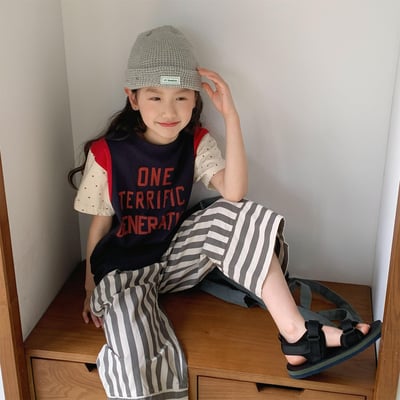 男女童星星袖短T (杏/藏青)1