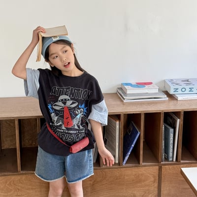 男女童飛碟短T (淺灰/黑灰)1