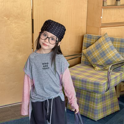 Who r u 假兩件上衣 (深灰/黃/花灰)2