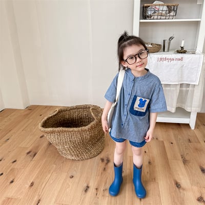 男女童中山領短袖襯衫 (藍/條紋)2