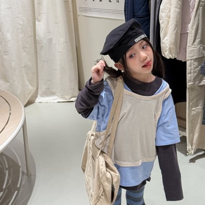 多層次假三件上衣 (灰/杏)2