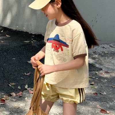 男女童大帽狗短T (米/黃/粉/花灰)4