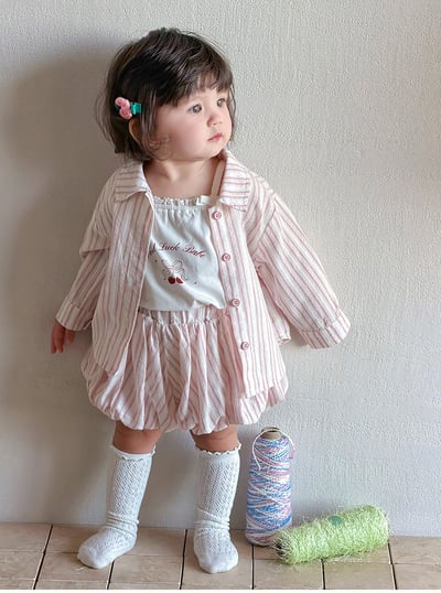 粉色條紋襯衫+花苞褲/櫻桃背心1