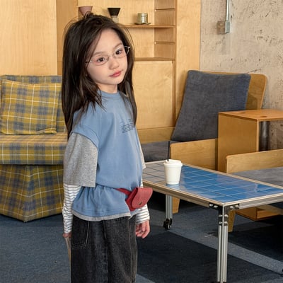 男女童造型假三件上衣 (深灰/紅/藍)3