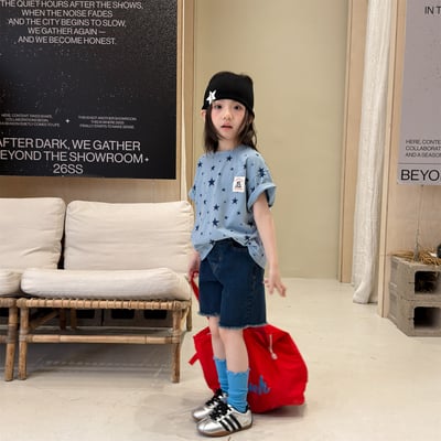 男女童大小星星短T (藍/花灰)1