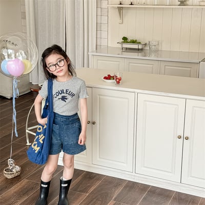 男女童休閒彈力短T (灰/藍/黃)2