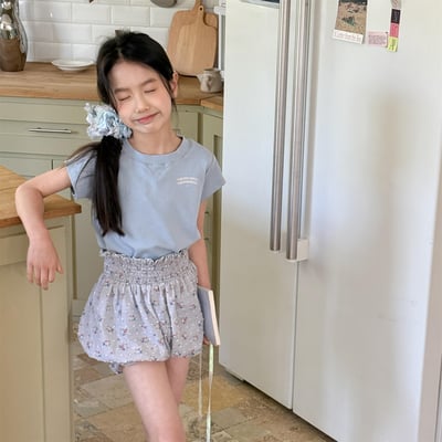 男女童素色短袖口短T (花灰/淺藍/米)2