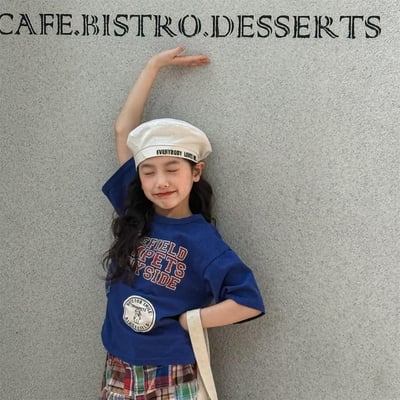 男女童印花短T (米/藍)1