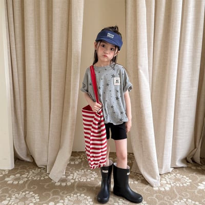 男女童大小星星短T (藍/花灰)2