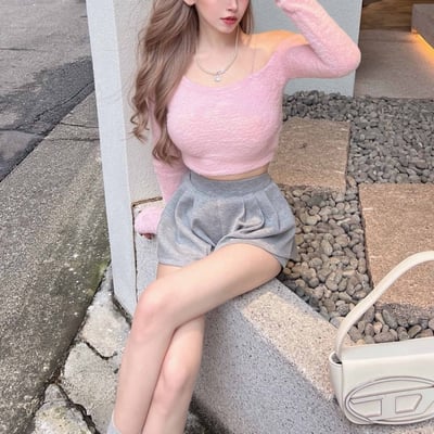 水貂毛單肩短版長袖上衣｜六色12