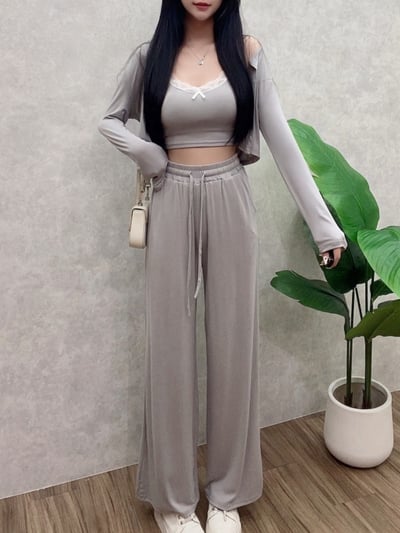 蝴蝶結蕾絲細肩背心+寬褲+外罩衫套裝｜四色2