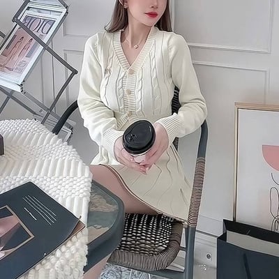 針織鈕釦外套+百摺短裙套裝｜三色4