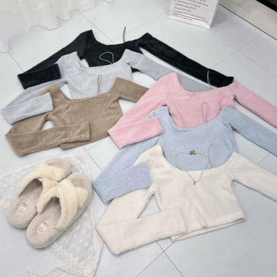 水貂毛單肩短版長袖上衣｜六色2