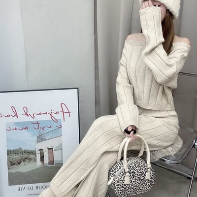 針織圓領長袖+綁繩長褲套裝9