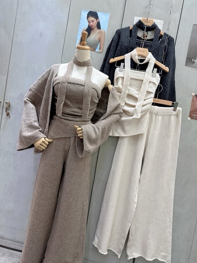 繞脖不規則抓皺平口+外罩+寬褲針織套裝｜三色14