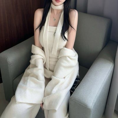 繞脖不規則抓皺平口+外罩+寬褲針織套裝｜三色8