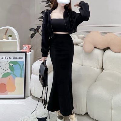 連帽拉鍊短版外套+後開衩魚尾長裙套裝｜四色5