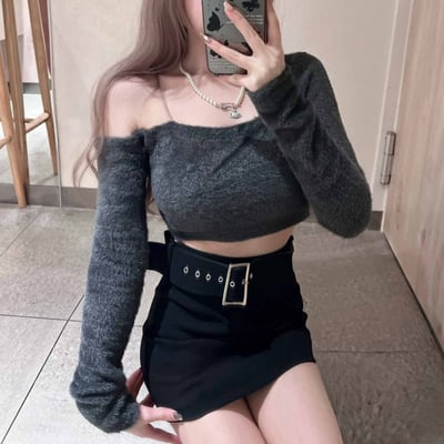 水貂毛單肩短版長袖上衣｜六色4