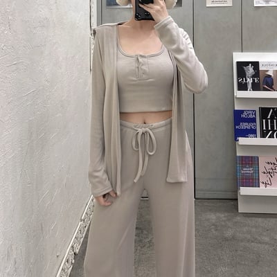 排釦罩杯長袖+披肩+喇叭長褲套裝｜三色6