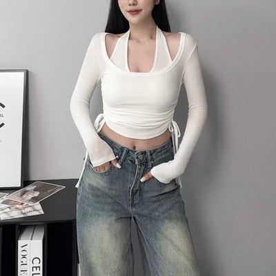 掛脖罩杯背心+側抽繩長袖上衣｜四色1