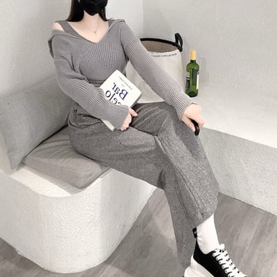 背心+落肩粗針毛衣+直筒寬褲套裝｜三色5