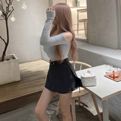 水貂毛單肩短版長袖上衣｜六色8