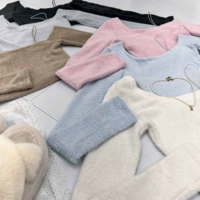 水貂毛單肩短版長袖上衣｜六色18