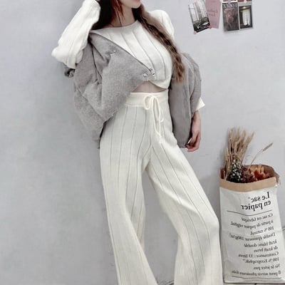 針織圓領長袖+綁繩長褲套裝13