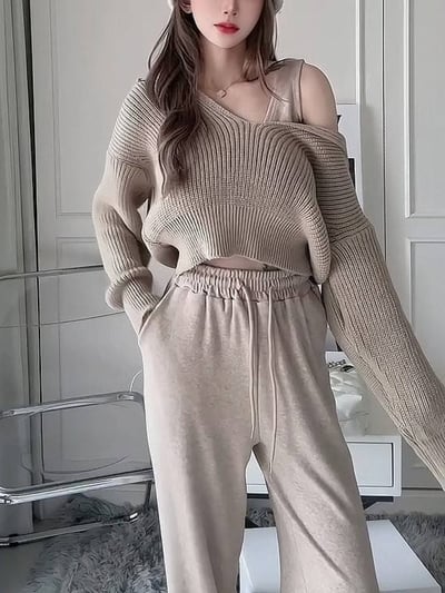 背心+落肩粗針毛衣+直筒寬褲套裝｜三色10