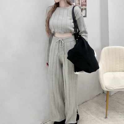 針織圓領長袖+綁繩長褲套裝1