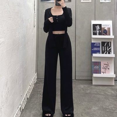 排釦罩杯長袖+披肩+喇叭長褲套裝｜三色8