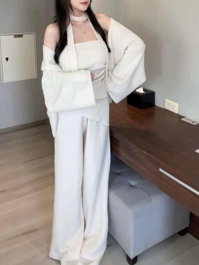 繞脖不規則抓皺平口+外罩+寬褲針織套裝｜三色5