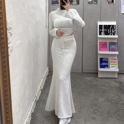 喇叭袖高領+魚尾長裙套裝｜四色4