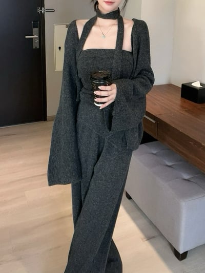 繞脖不規則抓皺平口+外罩+寬褲針織套裝｜三色12