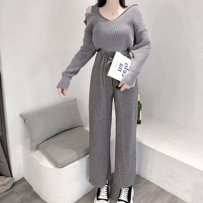 背心+落肩粗針毛衣+直筒寬褲套裝｜三色4