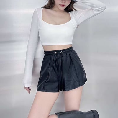 高腰抽繩皮革短褲｜三色6