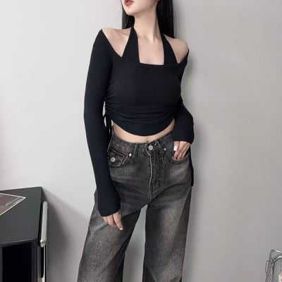 掛脖罩杯背心+側抽繩長袖上衣｜四色4