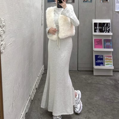 喇叭袖高領+魚尾長裙套裝｜四色5