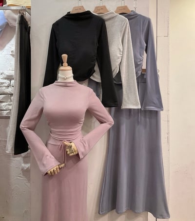 喇叭袖高領+魚尾長裙套裝｜四色10