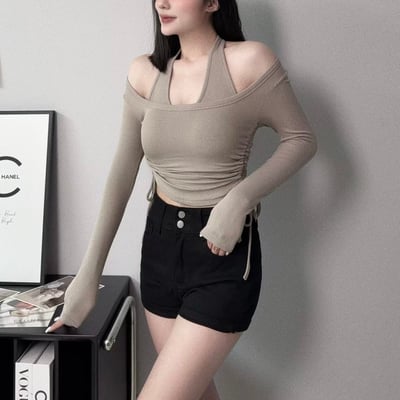 掛脖罩杯背心+側抽繩長袖上衣｜四色2