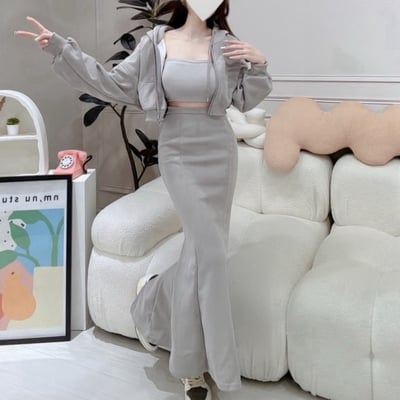 連帽拉鍊短版外套+後開衩魚尾長裙套裝｜四色3