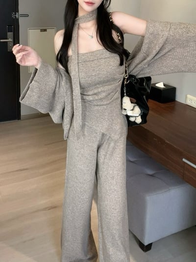 繞脖不規則抓皺平口+外罩+寬褲針織套裝｜三色2