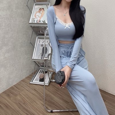 蝴蝶結蕾絲細肩背心+寬褲+外罩衫套裝｜四色5